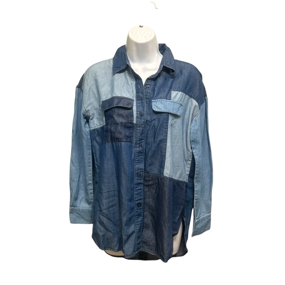 ANA Blue Chambray Lightweight Denim Patch High Low Shirt Size XS